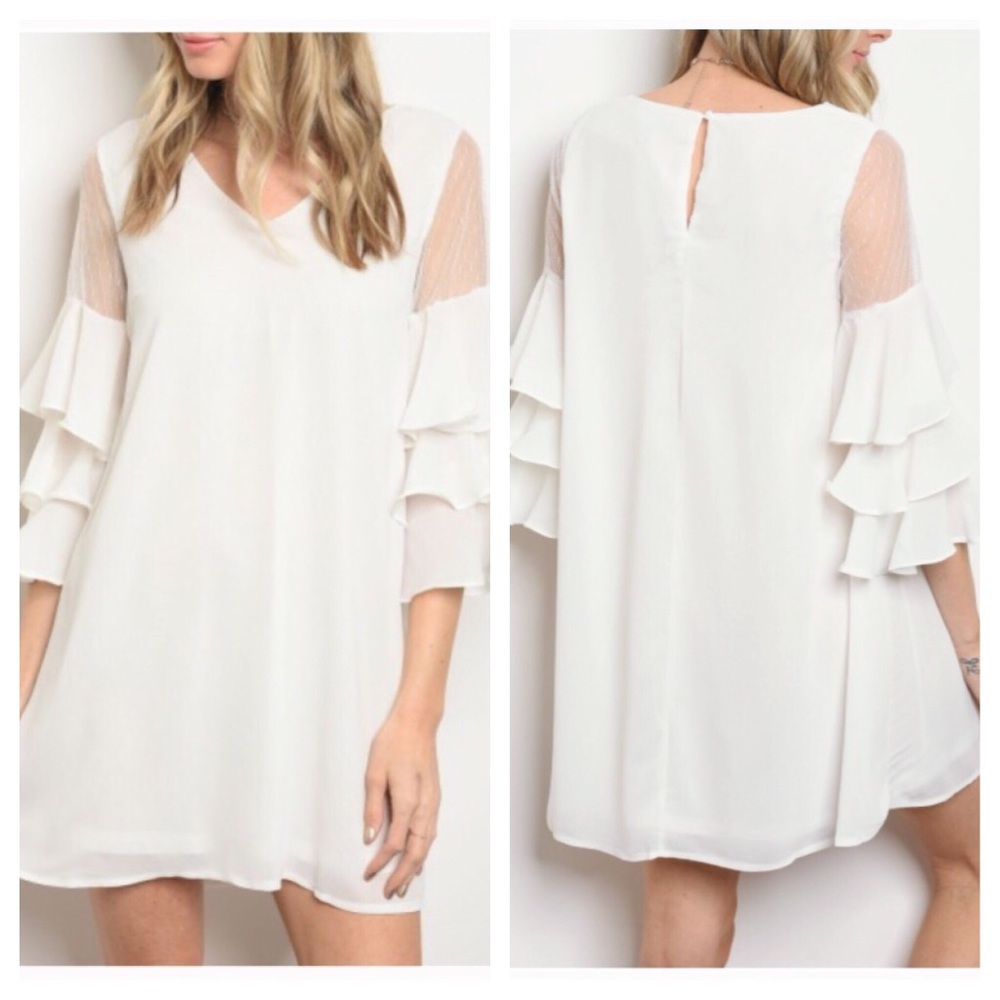 Off White Sheer Shoulder Ruffled Swing Dress Bride - Picture 2 of 4
